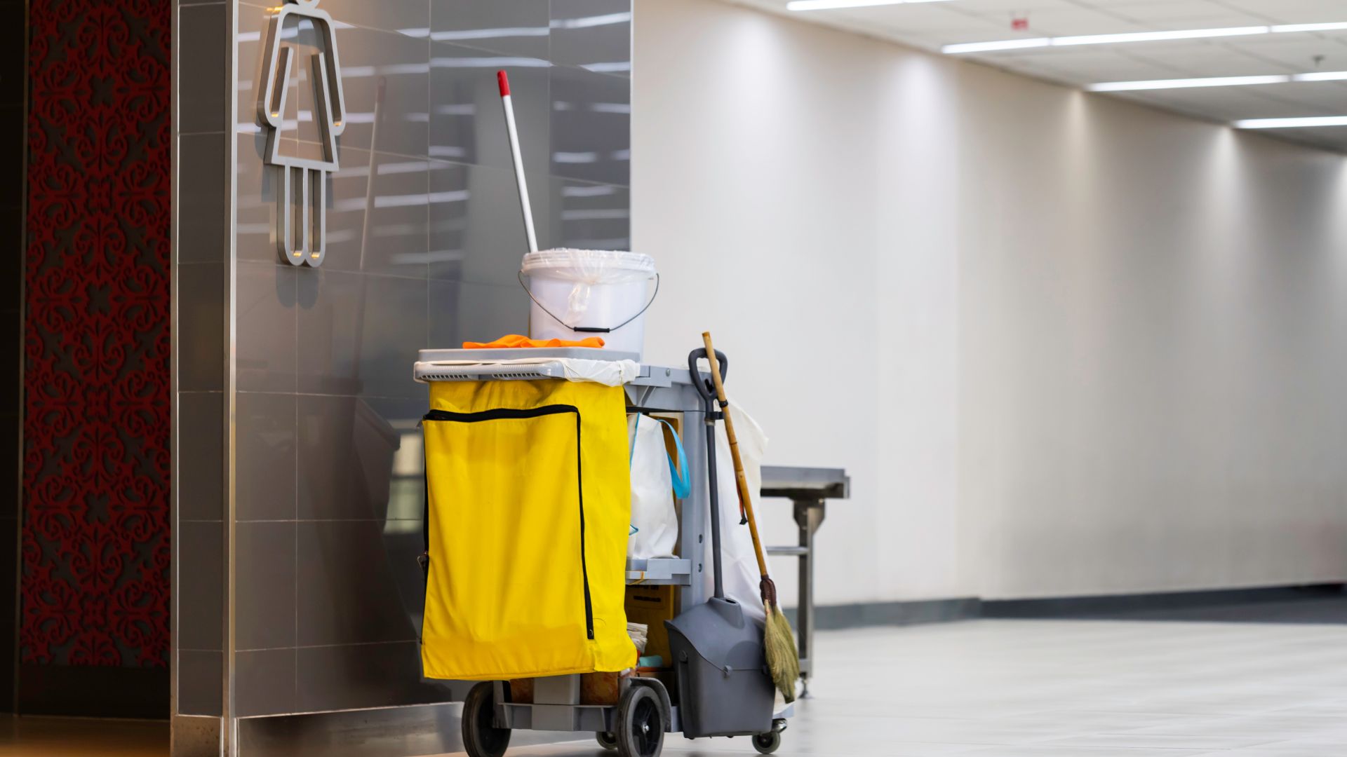 A cleaning cart with a bucket and a mop